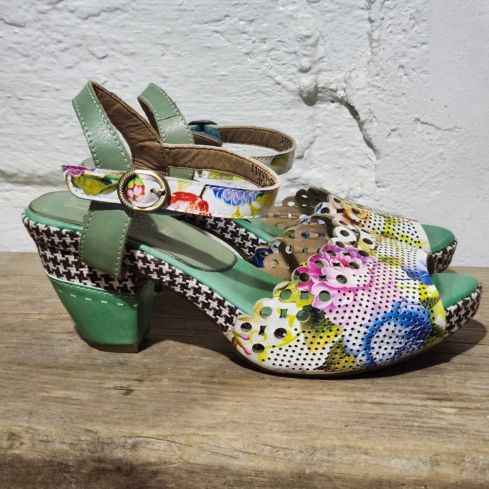 L'Artiste Spring Step Floral Leather Block Heel Sandal Green Multi Women 39 Boho